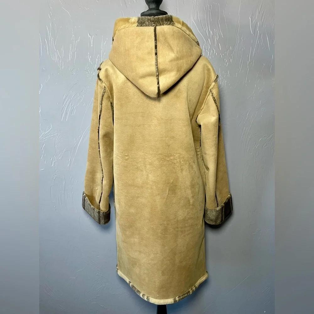 Vintage Y2K 90s Faux Suede Tan & Plaid Reversible Hooded Toggle Coat Jacket - Picture 5 of 13